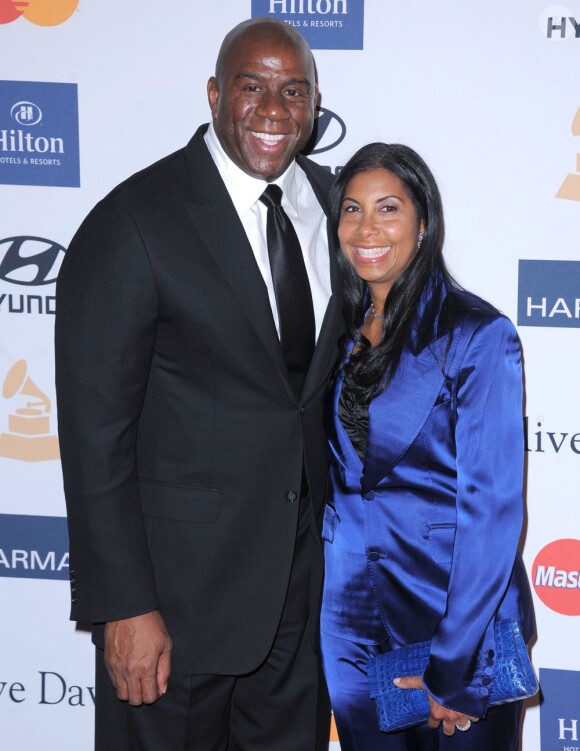 Magic Johnson et Cookie Johnson au pré-Grammy gala organisé par Clive Davis au Beverly Hilton Hotel, le 9 février 2013.
