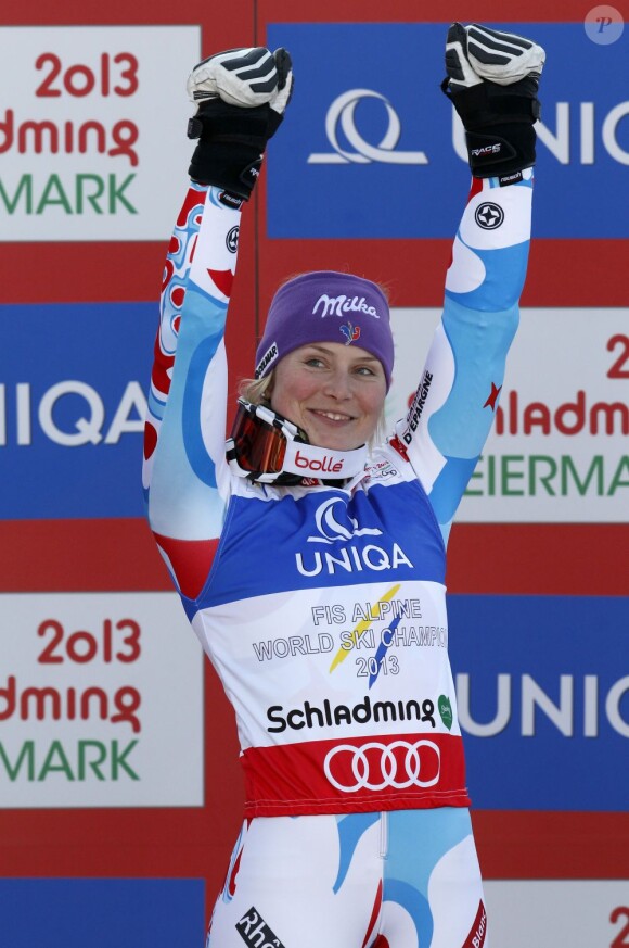 Tessa Worley lors de sa victoire aux mondiaux de Schladming en Autriche le 14 février 2013 en géant