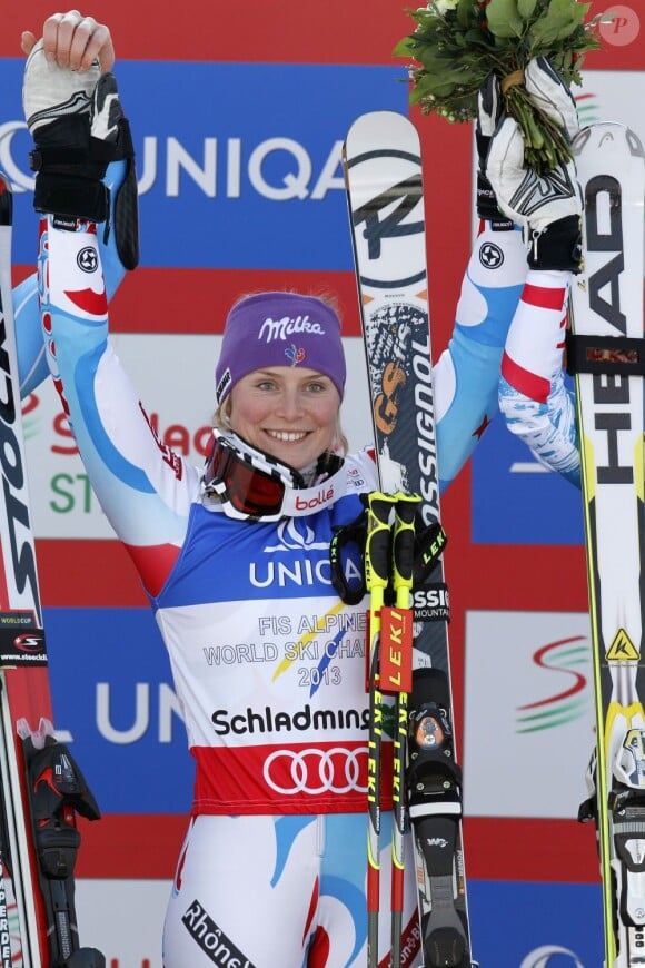 Tessa Worley lors de sa victoire aux mondiaux de Schladming en Autriche le 14 février 2013 en géant