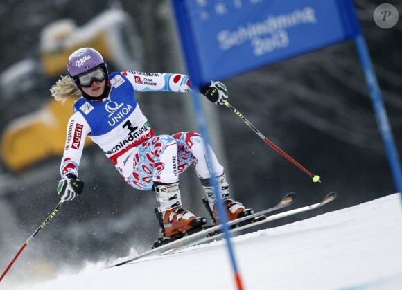 Tessa Worley en action quelques secondes avant sa victoire aux mondiaux de Schladming en Autriche le 14 février 2013 en géant