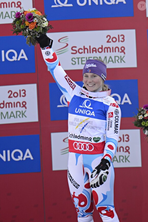 Tessa Worley, radieuse lors de sa victoire aux mondiaux de Schladming en Autriche le 14 février 2013 en géant