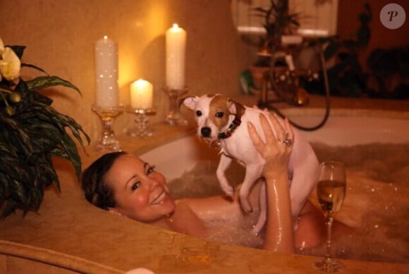 Mariah Carey a pris un bain avant sa soirée de Saint-Valentin et son chien a sauté dedans. Février 2013.