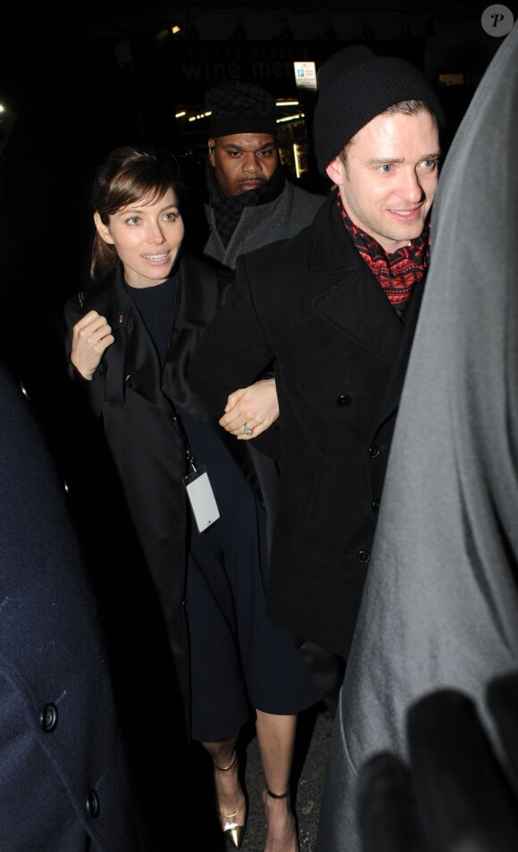 Jessica Biel et Justin Timberlake à Londres, le 20 février 2013 après les Brit awards.