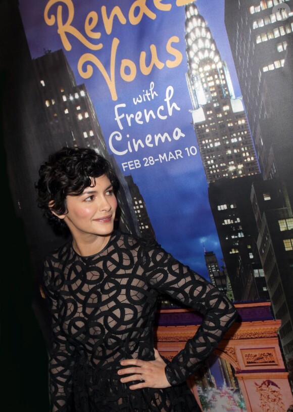 L'actrice Audrey Tautou pose à la soirée d'ouverture du Rendez-vous with French Cinema pour la première du film Populaire à New York, le 28 février 2013.
