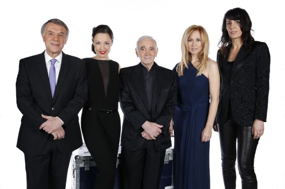Charles Aznavour, Adamo, Natasha St-Pier, La Grande Sophie et Lara Fabian lors de l'enregistrement de l'émission Hier Encore à l'Olympia (diffusée le 2 mars) à Paris le 10 janvier 2013