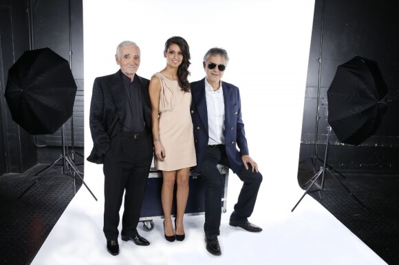 Charles Aznavour, Tal et Andrea Bocelli  lors de l'enregistrement de l'émission Hier Encore à l'Olympia (diffusée le 2 mars) à Paris le 10 janvier 2013