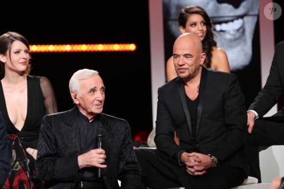 Charles Aznavour, Tal, Elodie Frégé et Pascal Obispo lors de l'enregistrement de l'émission Hier Encore à l'Olympia (diffusée le 2 mars) à Paris le 10 janvier 2013