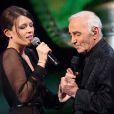 Elodie Frégé et Charles Aznavour lors de l'enregistrement de l'émission Hier Encore à l'Olympia (diffusée le 2 mars) à Paris le 10 janvier 2013