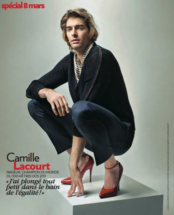 Camille Lacourt a posé avec des talons dans le numéro de mars 2013 du magazine Marie Claire. Photo publiée avec l'aimable autorisation de Marie Claire.