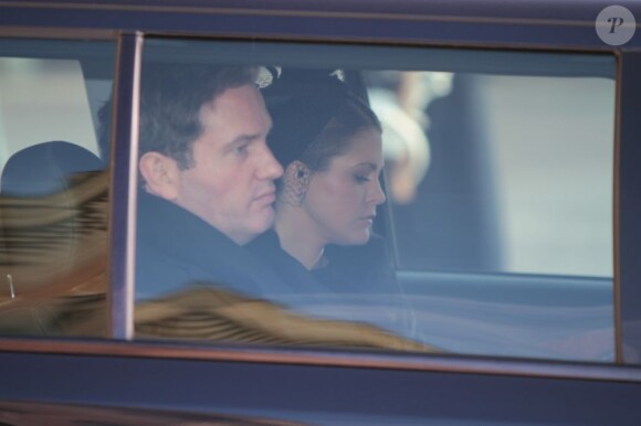 La princesse Madeleine et son fiancé Christopher O'Neill lors des funérailles de la princesse Lilian de Suède, le 16 mars 2013 à Stockholm