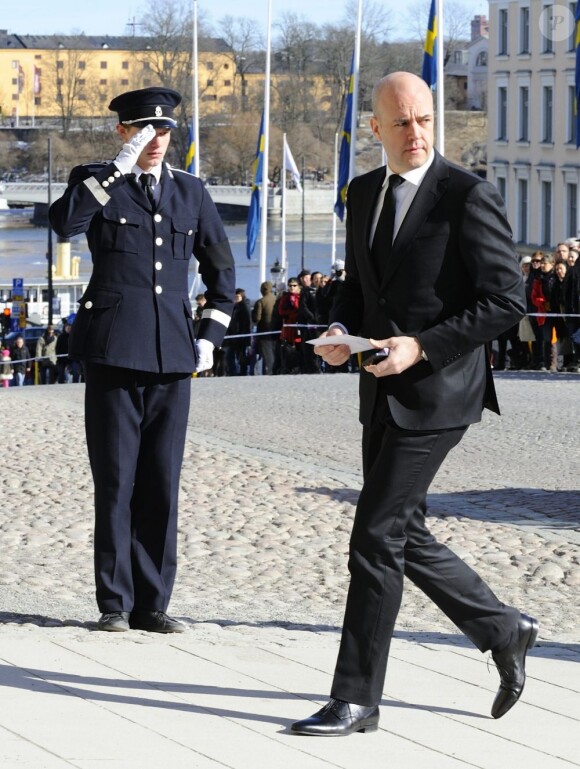 Le premier ministre de Suède Fredrik Reinfeldt lors des funérailles de la princesse Lilian de Suède, le 16 mars 2013 à Stockholm au cimetière du parc Haga