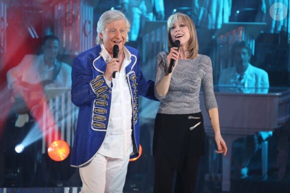 Bruna Giraldi et Patrick Sébastien lors de l'enregistrement de l'émission Les années bonheur le 11 et le 12 mars 2013 et qui sera diffusée le 13 avril 2013 sur France 2.