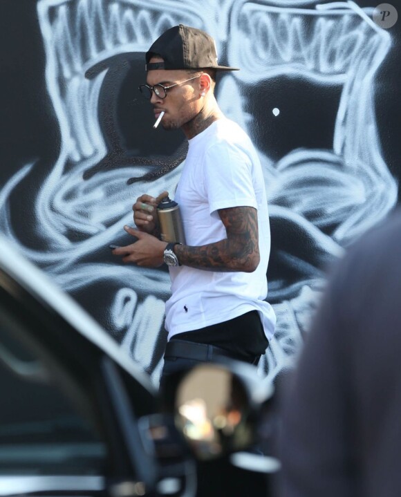 Chris Brown fait des graffitis pour une oeuvre de charité sur un mur à Miami, le 26 mars 2013.