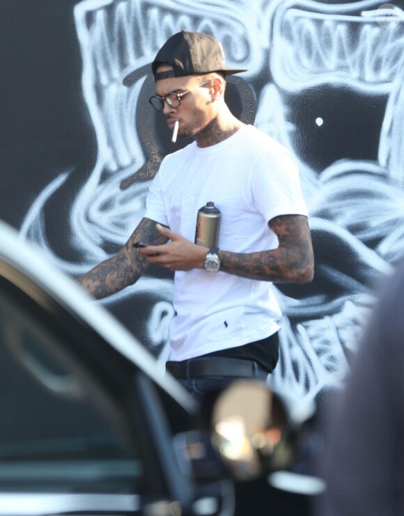 Chris Brown fait des graffitis pour une oeuvre de charité sur un mur à Miami, le 26 mars 2013.