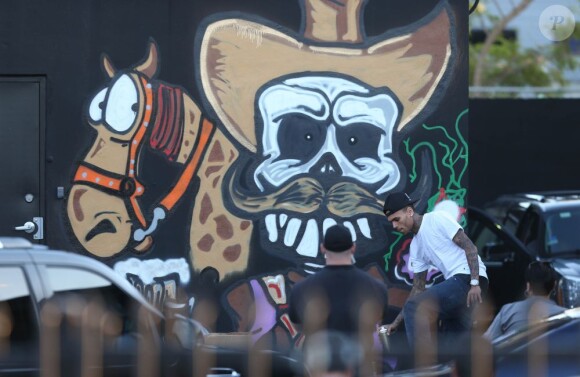 Chris Brown fait des graffitis pour une oeuvre de charité sur un mur à Miami, le 26 mars 2013.