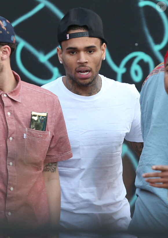 Chris Brown fait des graffitis pour une oeuvre de charité sur un mur à Miami, le 26 mars 2013.