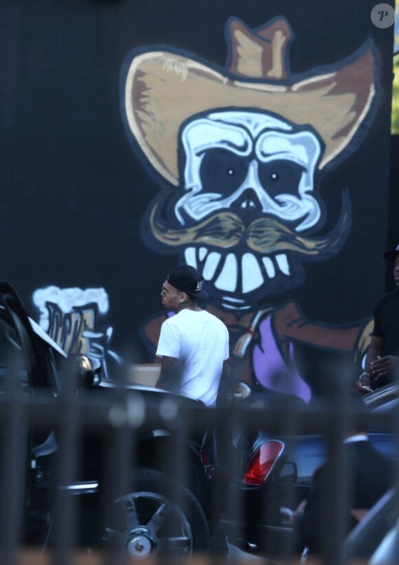 Chris Brown fait des graffitis pour une oeuvre de charité sur un mur à Miami, le 26 mars 2013.