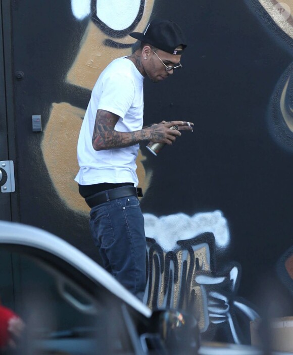 Chris Brown fait des graffitis pour une oeuvre de charité sur un mur à Miami, le 26 mars 2013.