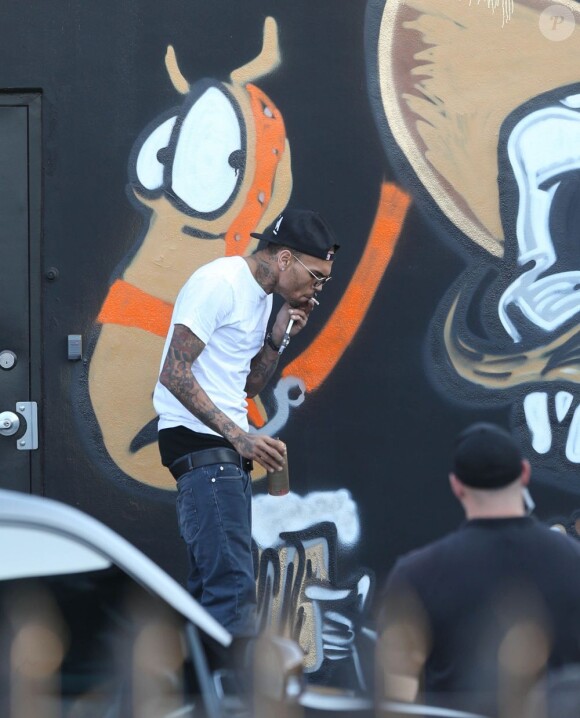 Chris Brown fait des graffitis pour une oeuvre de charité sur un mur à Miami, le 26 mars 2013.