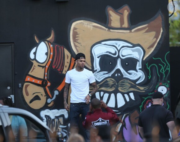 Chris Brown fait des graffitis pour une oeuvre de charité sur un mur à Miami, le 26 mars 2013.