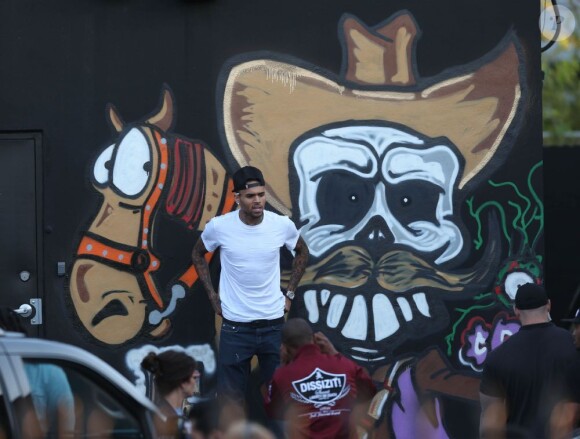 Chris Brown fait des graffitis pour une oeuvre de charité sur un mur à Miami, le 26 mars 2013.
