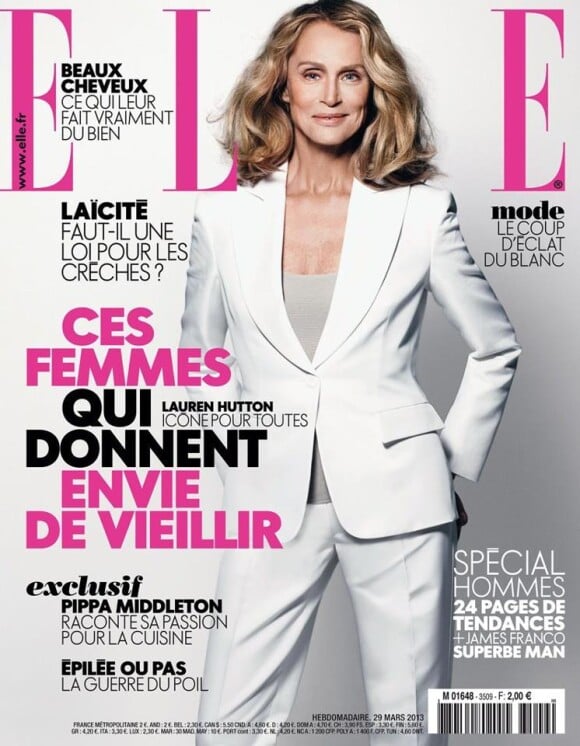 Lauren Hutton entièrement habillée en Giorgio Armani, pose en couverture du numéro 3509 du magazine Elle. Photo : Nicolas Moore.