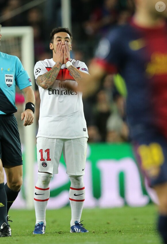 Ezequiel Lavezzi lors du match entre le Paris Saint-Germain et le FC Barcelone au Camp Nou de Barcelone le 10 avril 2013 en quart de finale de Ligue des Champions (1-1)