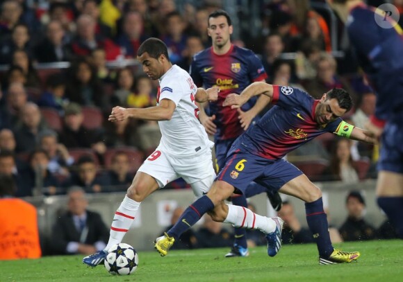 Lucas Moura lors du match entre le Paris Saint-Germain et le FC Barcelone au Camp Nou de Barcelone le 10 avril 2013 en quart de finale de Ligue des Champions (1-1)