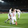 La joie des Parisiens après le but de Javier Pastore lors du match entre le Paris Saint-Germain et le FC Barcelone au Camp Nou de Barcelone le 10 avril 2013 en quart de finale de Ligue des Champions (1-1)