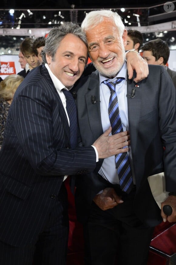 Richard Anconina et Jean-Paul Belmondo - Enregistrement de l'émission "Vivement Dimanche" consacrée à Jean-Paul Belmondo à Paris le 10 avril 2013, diffusion le 14 avril.