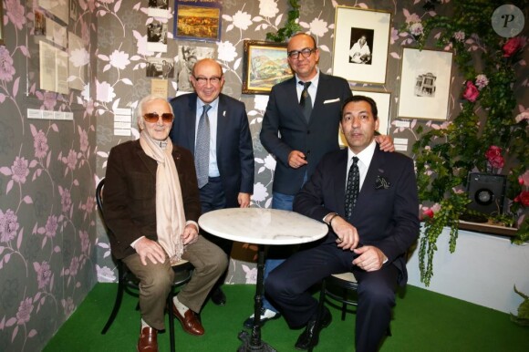 Charles Aznavour, Jacques Pessis, Georges El Assidi, Karl Zéro - Vernissage de l'exposition "Trenet : Le Fou chantant de Narbonne à Paris" à la Galerie des Bibliothèques à Paris, le 11 avril 2013.
