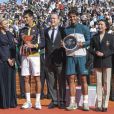  Beaucoup d'émotion et de joie lors de la remise des trophées par le prince Albert de Monaco et la princesse Charlene à Novak Djokovic et Rafael Nadal après la victoire du Serbe en finale du Rolex Masters de Monte-Carlo, le 21 avril 2013. 