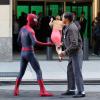 Andrew Garfield et Jamie Foxx sur le tournage de The Amazing Spider-Man 2 à New York le 28 avril 2013.