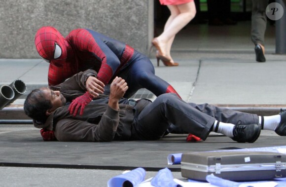 Action sur le tournage de The Amazing Spider-Man 2 à New York le 28 avril 2013.