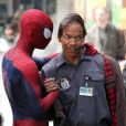 Andrew Garfield au côté de Jamie Foxx sur le tournage de The Amazing Spider-Man 2 à New York le 28 avril 2013.