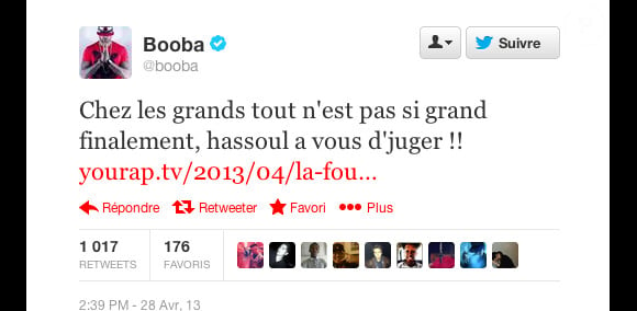 Booba poste la supposée sextape de La Fouine sur Twitter le 28 avril 2013.