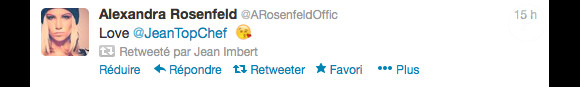 Alexandra Rosenfeld tweet à Jean Imbert : "Love @JeanTopChef" le 15 mai 2013