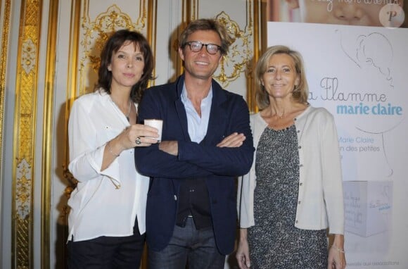 Tina Kieffer, Laurent Delahousse, Claire Chazal à la conférence de presse de l'opération La Flamme Marie Claire à l'hôtel le Marois à Paris, le 16 mai 2013.