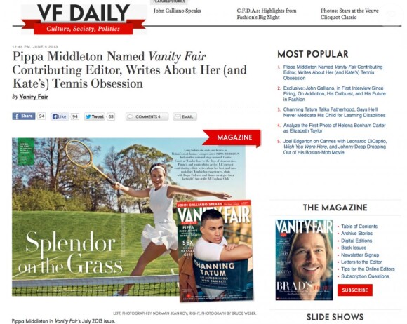 Pippa Middleton dans Vanity Fair US, numéro de juillet 2013 : la soeur de la duchesse de Cambridge devient chroniqueuse sur les passe-temps britanniques pour la revue américaine, et commence par Wimbledon.