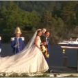 La princesse Madeleine de Suède et Chris O'Neill arrivent en bateau à Drottningholm pour la réception de leur mariage, le 8 juin 2013