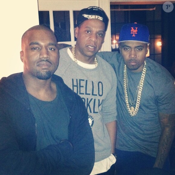 Kanye West, Jay-Z et Nas, trois légendes vivantes réunies pour fêter l'anniversaire de Kanye West à New York. Le 8 juin 2013.