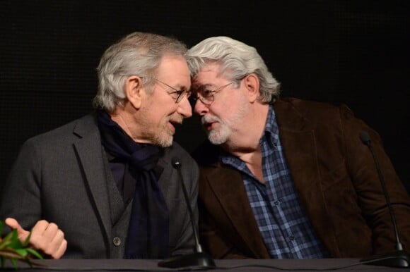 Steven Spielberg et George Lucas à l'USC School of Cinematic Arts de Los Angeles, le 5 février 2013.