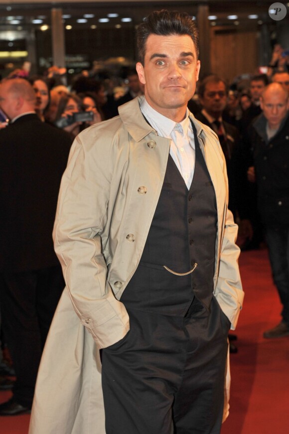 Robbie Williams présente sa collection de vêtements homme 'Farrell' à Berlin, le 26 février 2013.