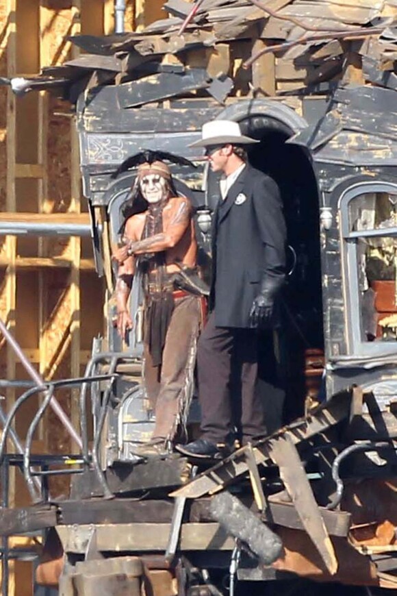 Johnny Depp et Armie Hammer sur le tournage de Lone Ranger à Arcadia le 27 septmebre 2012