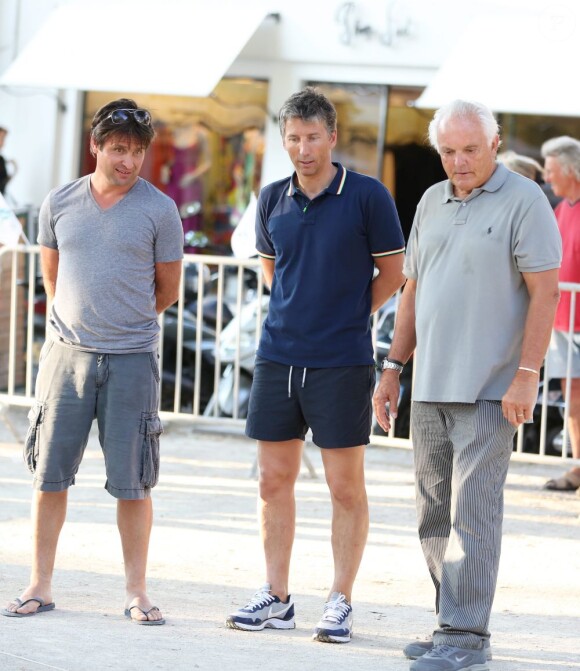 Fabrice Santoro, Stéphane Courbit, Christian Bimes lors du tournoi de pétanque organisé à l'occasion de la 3ème édition du Classic Tennis Tour, sur la place des Lices à Saint-Tropez le 11 juillet 2013