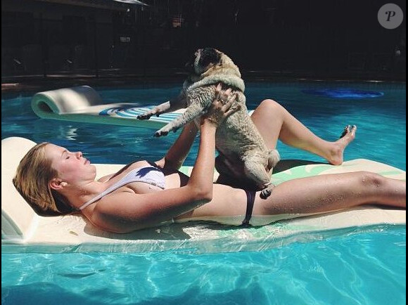 Ireland Baldwin dans une piscine avec ses chiens, le 25 juillet 2013.