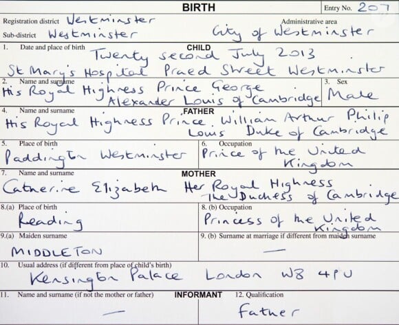 L'acte de naissance du prince George, le 2 août 2013.