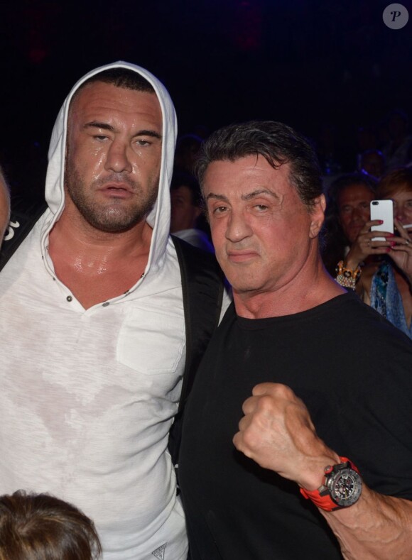 Jérôme Le Banner et Sylvester Stallone lors de la soirée Fight Night au coeur de la citadelle de Saint-Tropez, le 4 août 2013