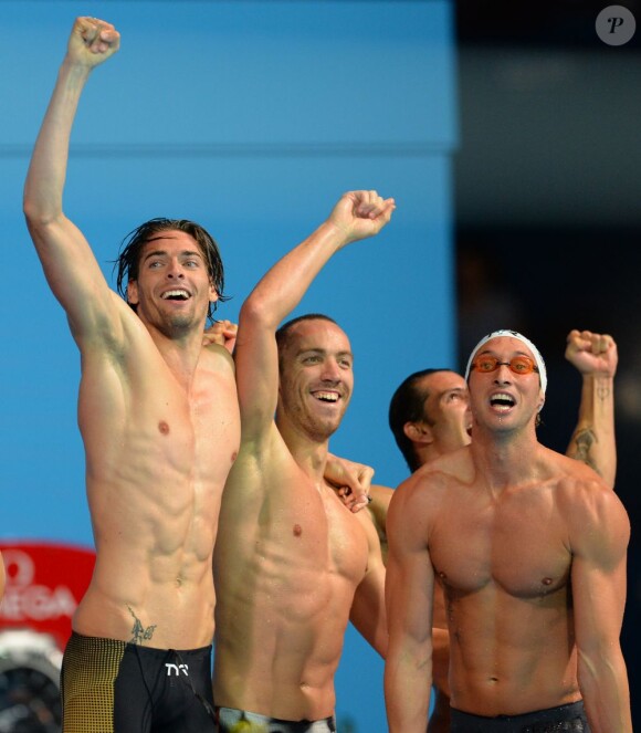 Camille Lacourt, Jérémy Stravius, Fabien Gilot et Giacomo Perez Dortona sont devenus champion du monde du 4x100 4 nages au Palau Sant Jordi de Barcelone le 4 août 2013