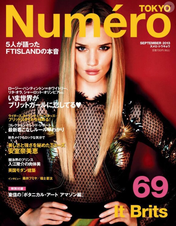 Rosie Huntington-Whiteley, habillée d'une robe Gucci, pose en couverture du magazine Numéro Tokyo. Septembre 2013.